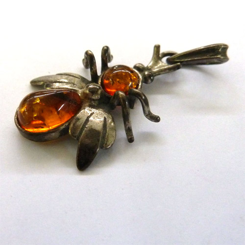 Silver Bee and Amber Pendant