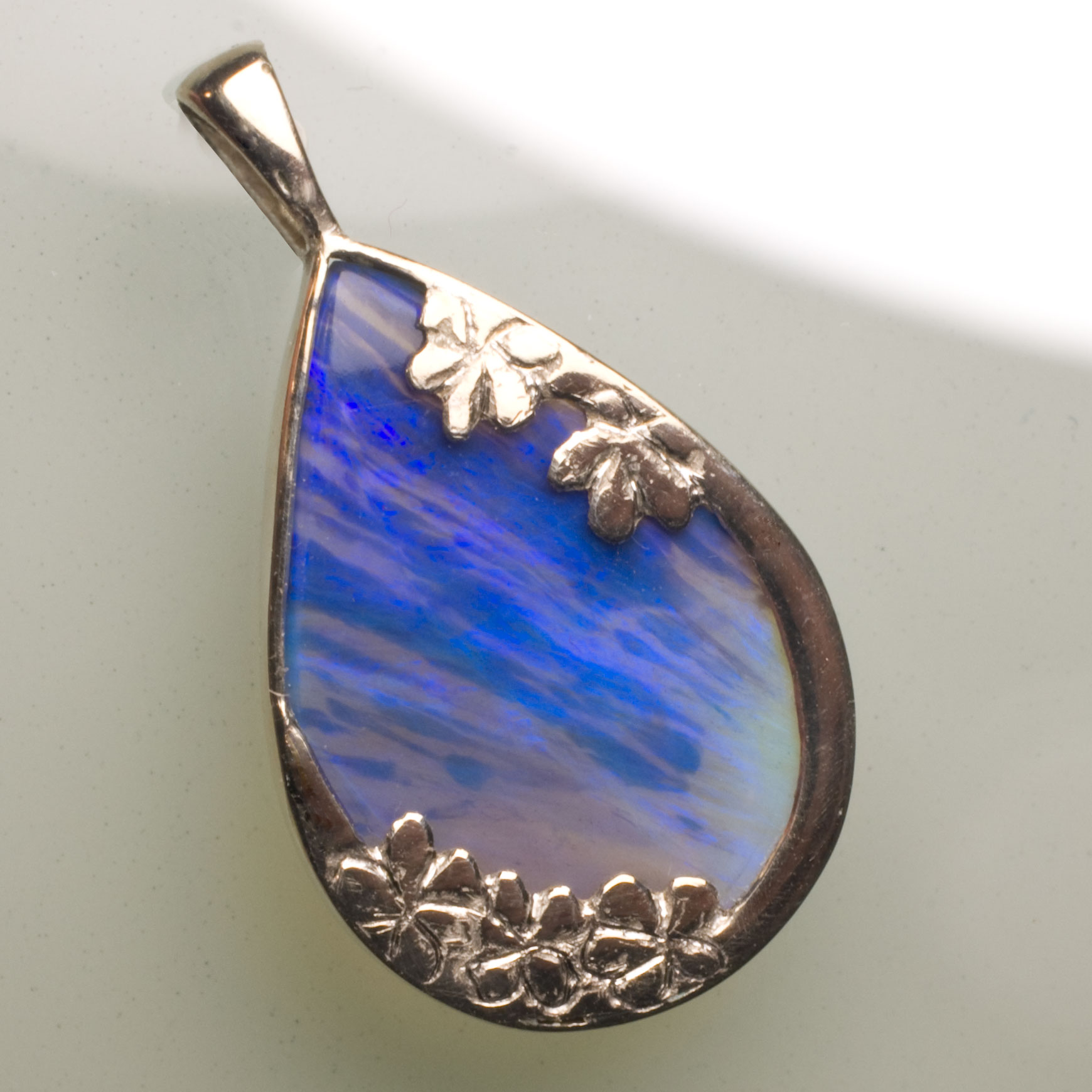 BP400 Pendentif Argent Opale Cristal Noire Bleu Bandes Double Face Petites Fleurs 3